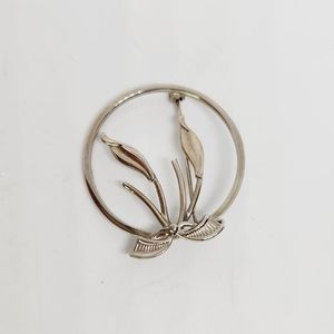 VINTAGE ROMA SIGNED STERLING SILVER BOW FLOWER FLORAL LEAF CIRCLE BROOCH 925 PIN